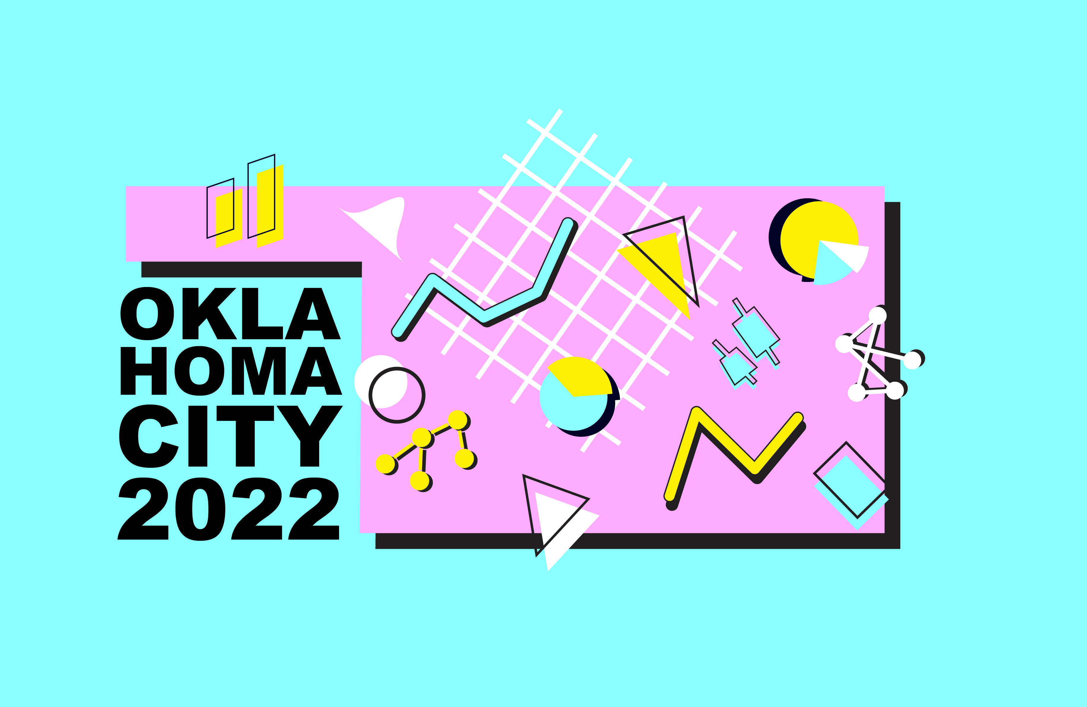 A stylized Oklahoma with data visualization icons