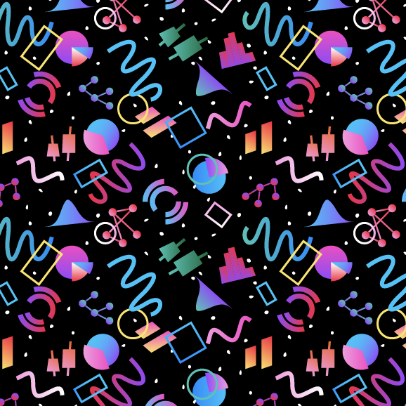 A retro graphic design reminiscent of an 80s bowling alley carpet, but the geometric shapes are data visualization icons